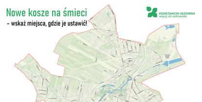 Mapa gminy Konstancin-Jeziorna z zaznaczonymi lokalizacjami obecnych koszy na śmieci oraz zachętą do wskazywania miejsc, w których powinny pojawić się nowe pojemniki.