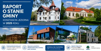 Grafika promująca „Raport o stanie gminy Konstancin-Jeziorna w 2025 roku” z kolażem zdjęć charakterystycznych budynków i miejsc gminy oraz informacjami o podsumowaniu działań samorządu i debacie publicznej.