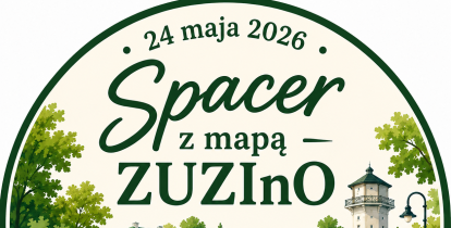 Grafika przedstawia plakat wydarzenia „Spacer z mapą ZUZInO” z ilustracją Parku Zdrojowego w Konstancinie-Jeziornie, mapą oraz zieloną, parkową scenerią.