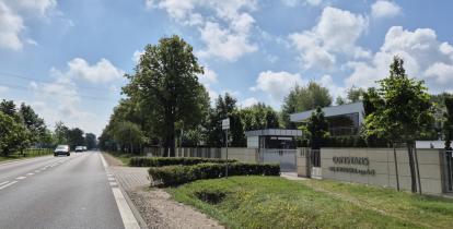 Droga wojewódzka przebiegająca przez zalesiony teren z poboczem, przy którym planowana jest budowa infrastruktury rowerowo-pieszej.