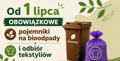 Grafika przedstawia pracowników firmy komunalnej opróżniających pojemnik na odpady do śmieciarki oraz informację o zmianach w regulaminie utrzymania czystości i porządku w gminie Konstancin-Jeziorna od 1 lipca 2026 r.