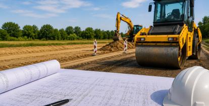Na pierwszym planie leżą plany projektowe i kask ochronny, a w tle pracują walec drogowy oraz koparka przy budowie nowej drogi.