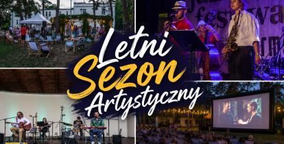 Mozaika przedstawia letnie wydarzenia kulturalne w Konstancinie-Jeziornie, w tym koncerty plenerowe, występy muzyczne oraz kino pod chmurką.