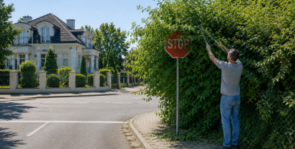 Mężczyzna przycina krzew zasłaniający znak STOP