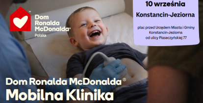 Grafika zapraszająca na bezpłatne profilaktyczne badania USG dzieci w wieku od 9 miesięcy do 6 lat. Badania odbędą się 10 września w Konstancinie-Jeziornie, na placu przed ratuszem przy ul. Piaseczyńskiej 77