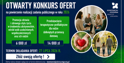 Grafika informująca o otwartym konkursie ofert na realizację zadania publicznego w Gminie Konstancin-Jeziorna w roku 2026
