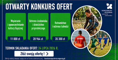 Grafika informująca o otwartym konkursie ofert na wsparcie realizacji zadań publicznych w Gminie Konstancin-Jeziorna w roku 2026