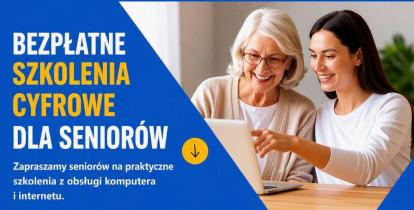 Plakat informuje o bezpłatnych szkoleniach cyfrowych dla seniorów powyżej 60. roku życia, które odbędą się 3 i 19 sierpnia 2026 r. w Urzędzie Miasta i Gminy Konstancin-Jeziorna i obejmą m.in. naukę korzystania z internetu, poczty elektronicznej, IKP oraz aplikacji mObywatel.