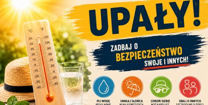 Grafika informująca o upałach z termometrem, szklanką wody oraz zasadami bezpiecznego zachowania podczas wysokich temperatur.