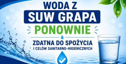 Grafika z niebieskim motywem wody i szklanką wody z komunikatem informującym, że woda z SUW Grapa ponownie jest zdatna do spożycia oraz do celów sanitarno-higienicznych.