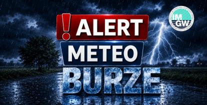 Grafika ostrzegawcza „ALERT METEO – BURZE” wydana przez IMGW-PIB, przedstawiająca ciemne, burzowe niebo z piorunem oraz zalaną deszczem drogę.