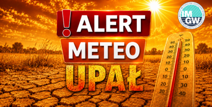Grafika z napisem „Alert meteo – upał” na tle spękanej, wysuszonej ziemi i intensywnie świecącego słońca. Po prawej stronie termometr wskazujący blisko 40°C, a u góry logo IMGW