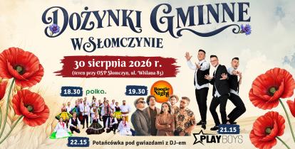 Baner promujący Dożynki Gminne w Słomczynie, które odbędą się 30 sierpnia 2026 r., ozdobiony motywami kłosów i polnych kwiatów oraz zdjęciem zespołu Playboys.