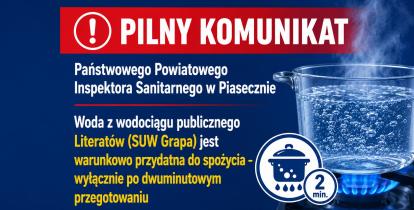 Grafika informująca o warunkowej przydatności do spożycia wody z wodociągu Literatów (SUW Grapa) po dwuminutowym przegotowaniu.