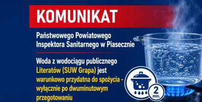 Grafika z komunikatem Państwowego Powiatowego Inspektora Sanitarnego w Piasecznie. Woda z wodociągu publicznego Literatów, zasilanego przez SUW Grapa, jest warunkowo przydatna do spożycia – można ją pić wyłącznie po co najmniej dwuminutowym przegotowaniu.