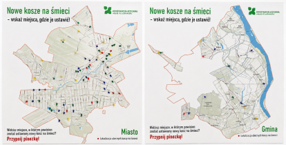 Dwie mapy gminy Konstancin-Jeziorna – miasta i terenów wiejskich – z kolorowymi pinezkami wskazującymi proponowane przez mieszkańców miejsca ustawienia nowych koszy na śmieci. Czerwonymi punktami zaznaczono lokalizacje istniejących koszy