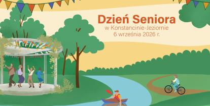 Ilustracja zapowiadająca Dzień Seniora w Konstancinie-Jeziornie, który odbędzie się 6 września 2026 r., przedstawiająca seniorów tańczących w altanie, osobę na rowerze i kajakarza w parku.
