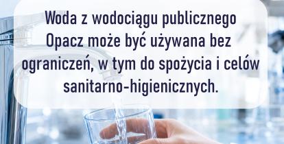 Grafika z niebieskim motywem wody i szklanką wody z komunikatem informującym, że woda z SUW Grapa ponownie jest zdatna do spożycia oraz do celów sanitarno-higienicznych.
