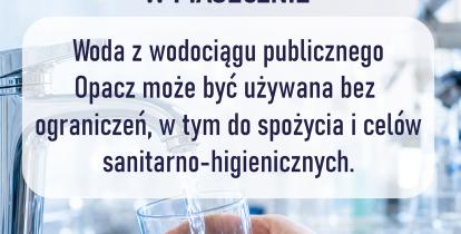 Grafika z niebieskim motywem wody i szklanką wody z komunikatem informującym, że woda z SUW Grapa ponownie jest zdatna do spożycia oraz do celów sanitarno-higienicznych.