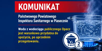 Grafika informująca o warunkowej przydatności do spożycia wody z wodociągu Opacz po dwuminutowym przegotowaniu.