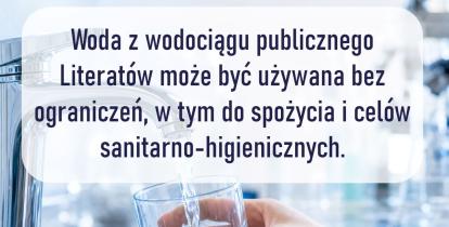 Grafika z niebieskim motywem wody i szklanką wody z komunikatem informującym, że woda z SUW Grapa ponownie jest zdatna do spożycia oraz do celów sanitarno-higienicznych.