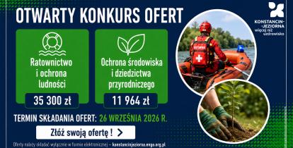 Grafika informująca o otwartym konkursie ofert na zadania z zakresu ratownictwa i ochrony ludności oraz ochrony środowiska i dziedzictwa przyrodniczego, z pulami 35 300 zł i 11 964 zł oraz terminem składania ofert do 26 września 2026 r.