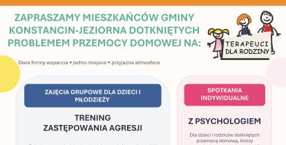 Grafika informuje o bezpłatnym wsparciu dla mieszkańców gminy Konstancin-Jeziorna dotkniętych przemocą domową, obejmującym Trening Zastępowania Agresji dla dzieci i młodzieży oraz indywidualne spotkania z psychologiem dla dzieci i rodziców.