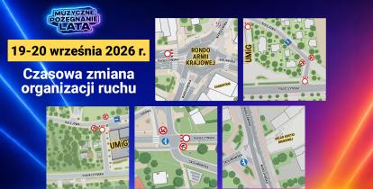 Grafika informuje o czasowej zmianie organizacji ruchu w dniach 19–20 września 2026 r. w związku z wydarzeniem „Muzyczne Pożegnanie Lata” w Konstancinie-Jeziornie i przedstawia mapy z miejscami zamknięć dróg oraz zmian w ruchu.