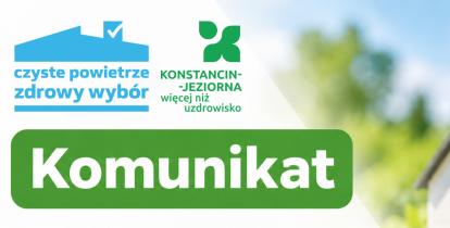 Grafika informuje, że w środę, 21 października 2026 r., Punkt Konsultacyjno-Informacyjny „Czyste Powietrze” w Urzędzie Miasta i Gminy Konstancin-Jeziorna będzie nieczynny, za co przeprasza mieszkańców.