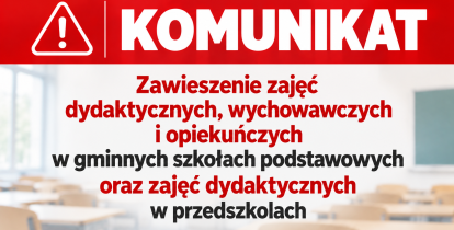 Grafika informująca o zwieszeniu zajęć w szkołach i przedszkolach 