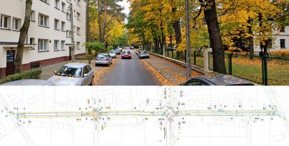 Fotografia ul. Adama Mickiewicza w jesiennej scenerii oraz poniżej plan zagospodarowania terenu przedstawiający projektowane zmiany w układzie drogowym.