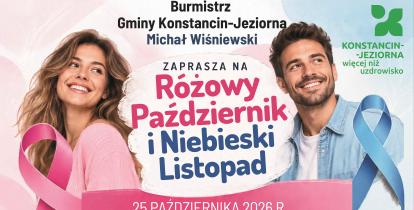 Plakat zapraszający na Dzień Profilaktyki 25 października 2026 r. w Konstancinie-Jeziornie, z wizerunkami kobiety i mężczyzny oraz różową i niebieską wstążką symbolizującymi profilaktykę nowotworową.