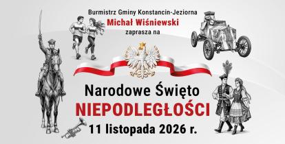 Grafika zapowiadająca obchody Narodowego Święta Niepodległości 11 listopada 2026 r. w Konstancinie-Jeziornie, z wizerunkiem orła w koronie na biało-czerwonej wstędze oraz ilustracjami żołnierza na koniu, biegaczy i pary w strojach ludowych.