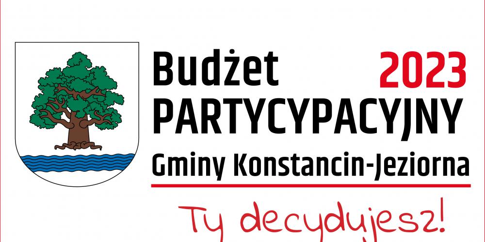 Logo gminy konstancin na białym tle, napis "Budżet partycypacyjny 2023, Ty decydujesz".