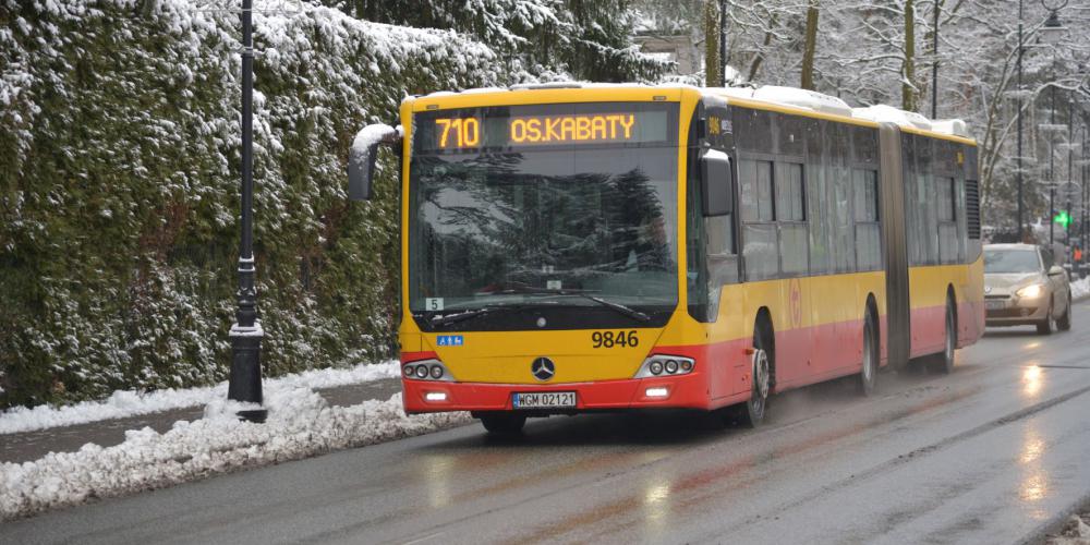 Ośnieżony autobus jedzie ulicą, w tle drzewa i krzewy.