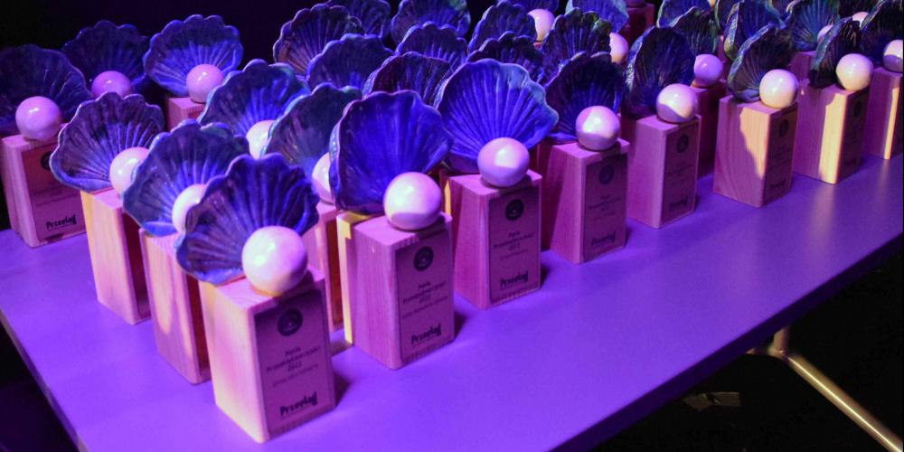 Statuetki dla laureatów Perły Mazowsza. Są to muszle z perłą na drewnianych podstawkach. Zdjęcie jest fioletowe.