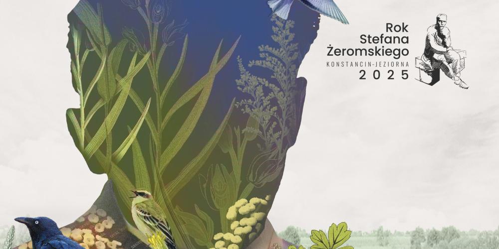 Zarys męskiej twarzy ozdobiony kolorowymi ptakami i roślinami.