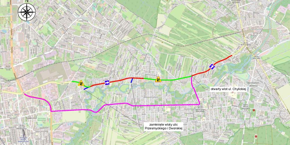 Mapa przedstawia tymczasową organizację ruchu podczas rozbudowy drogi wojewódzkiej nr 721 między Piasecznem a Konstancinem-Jeziorną, z zaznaczonymi odcinkami jedno- i dwukierunkowymi, objazdami oraz zamkniętymi i otwartymi wlotami ulic.