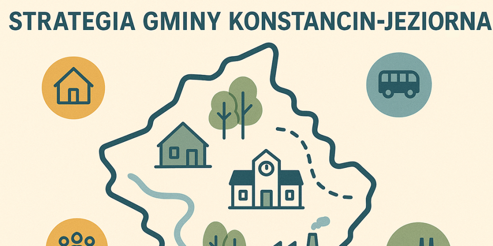 Ilustracja promująca „Strategię Gminy Konstancin-Jeziorna”. Centralnym elementem jest uproszczony zarys granic gminy z ikonami symbolizującymi zabudowę mieszkaniową, szkołę, zakład przemysłowy, drzewa i rzekę. Wokół mapy znajdują się kolorowe okręgi z ikonami domu, autobusu, ludzi i fabryki, które symbolizują główne obszary rozwoju. W prawym dolnym rogu umieszczone jest logo gminy Konstancin-Jeziorna i hasło „więcej niż uzdrowisko”. Kolorystyka utrzymana w stonowanych odcieniach zieleni, żółci i niebieskieg