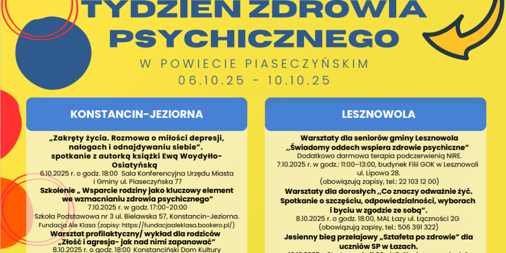 żółty plakat przedstawiający harmonogram tygodnia zdrowia psychicznego