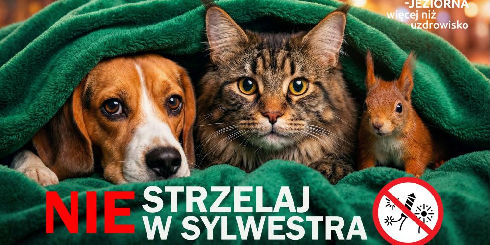 Na grafice widać psa, kota i wiewiórkę skulone pod zielonym kocem, z hasłem „Nie strzelaj w Sylwestra”, które apeluje o rezygnację z fajerwerków ze względu na dobro zwierząt.