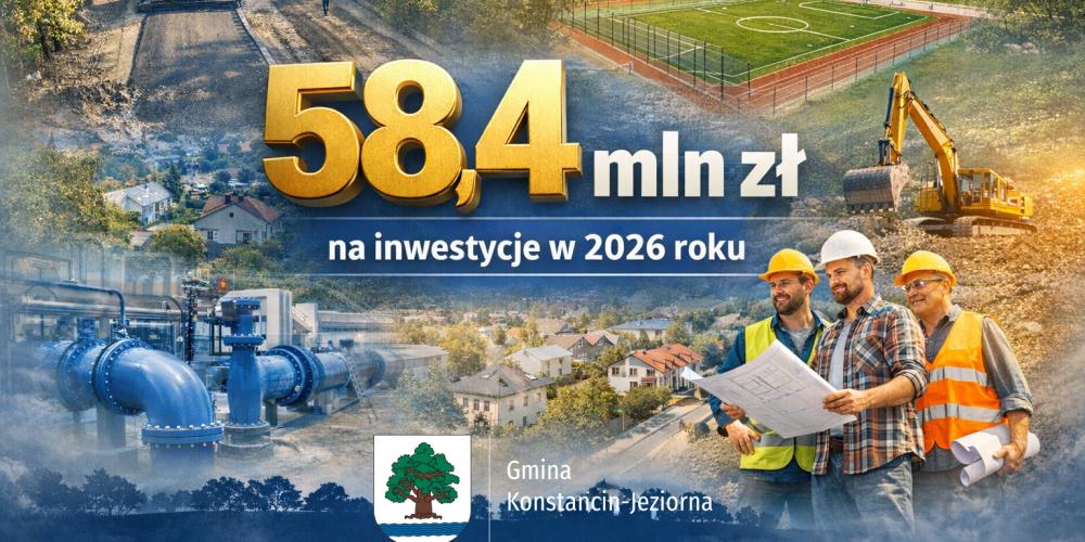 Grafika przedstawia informację o przeznaczeniu 58,4 mln zł na inwestycje w 2026 roku, ilustrowaną zdjęciami prac drogowych, boiska sportowego, infrastruktury wodociągowej oraz robót budowlanych.
