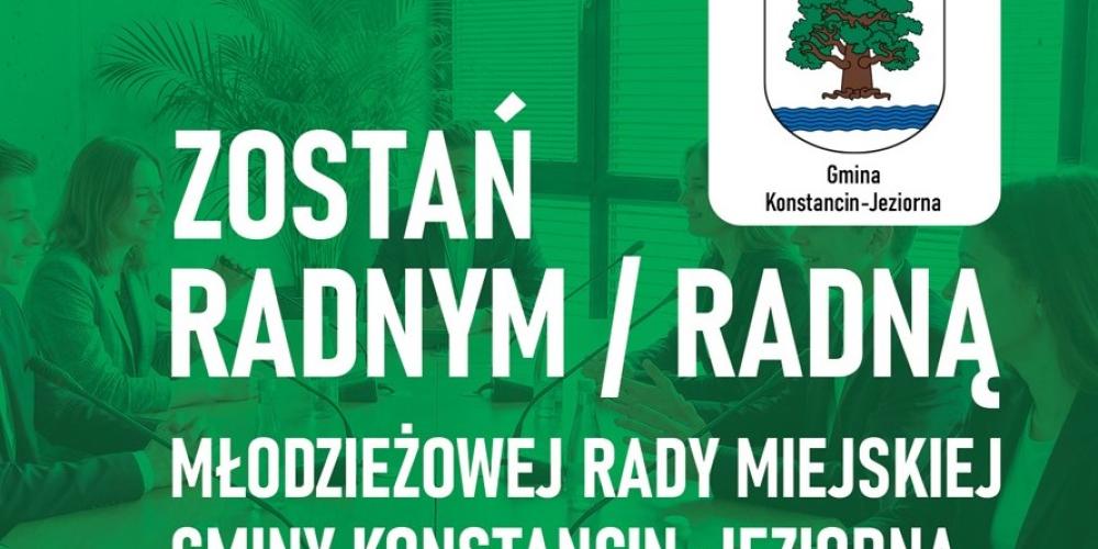 Grafika promująca nabór do Młodzieżowej Rady Miejskiej Gminy Konstancin-Jeziorna, przedstawiająca grupę młodych ludzi obradujących przy stole oraz napis „Zostań radnym/radną”.