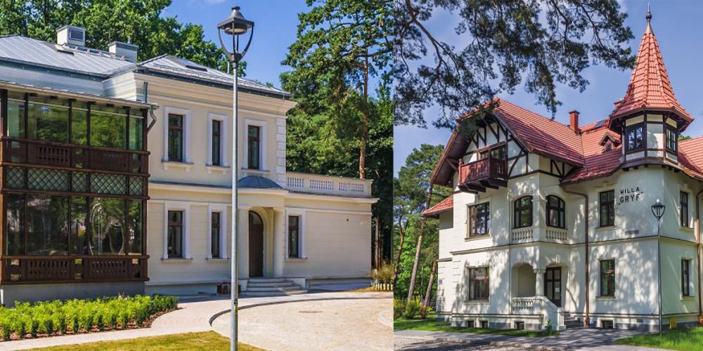 Dwie odrestaurowane, zabytkowe wille wśród zieleni: jasna, klasycystyczna willa Kamilin z przeszkloną werandą oraz stylizowana na górską architekturę willa Gryf z czerwonym dachem i wieżyczką, sfotografowane w słoneczny dzień.