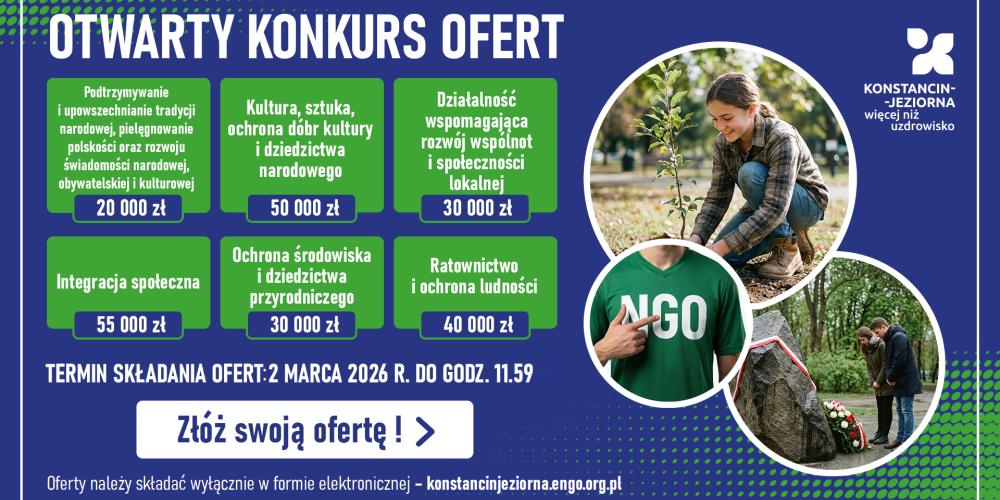 Grafika informuje o otwartym konkursie ofert w Konstancinie-Jeziornie na zadania publiczne (20–55 tys. zł) z terminem składania do 2 marca 2026 r. online.