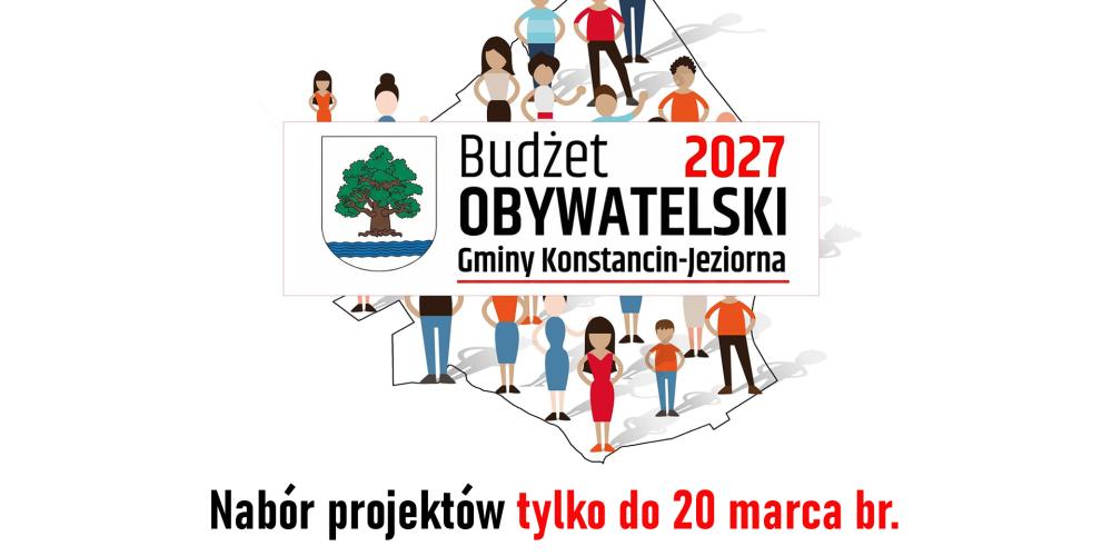 Grafika promująca Budżet Obywatelski 2027 Gminy Konstancin-Jeziorna, przedstawiająca mieszkańców na tle mapy gminy oraz herb i logo inicjatywy.
