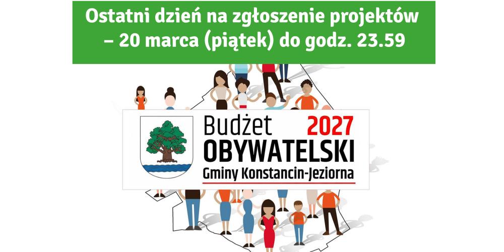 Grafika promująca Budżet Obywatelski 2027 Gminy Konstancin-Jeziorna, przedstawiająca mieszkańców na tle mapy gminy oraz herb i logo inicjatywy.