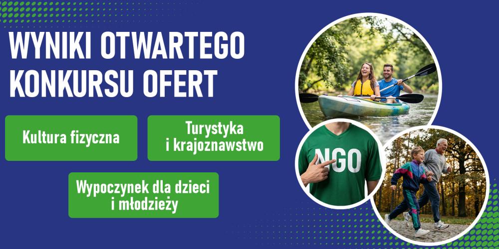 Grafika informuje o wynikach otwartego konkursu ofert w Konstancinie-Jeziornie, przedstawiając główne obszary wsparcia oraz zdjęcia związane z aktywnością społeczną i turystyczną.