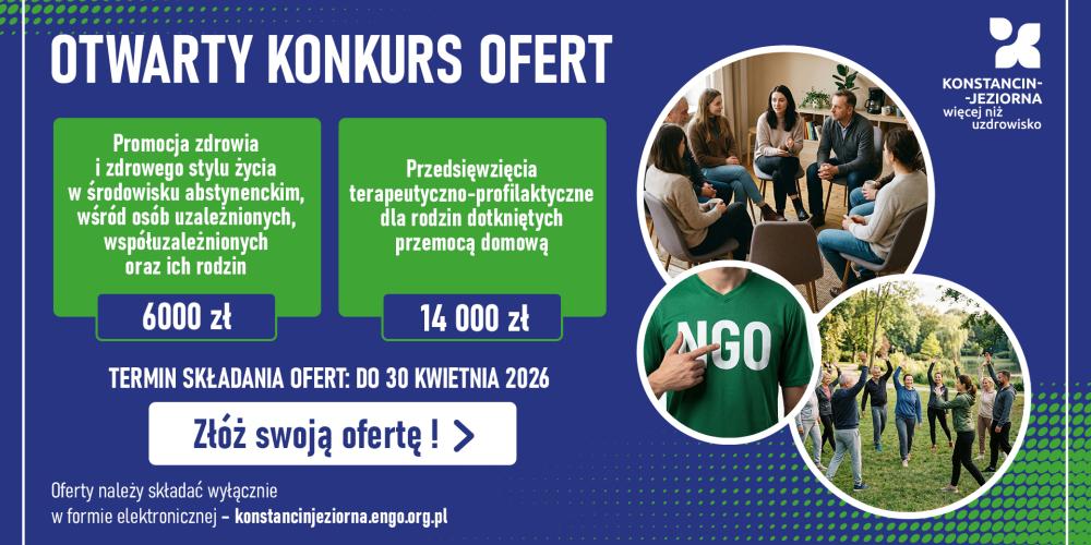 Grafika informująca o otwartym konkursie ofert w Konstancinie-Jeziornie na działania prozdrowotne i terapeutyczne dla osób uzależnionych i ich rodzin, z kwotami 6000 zł i 14 000 zł oraz terminem składania wniosków do 30 kwietnia 2026 r.