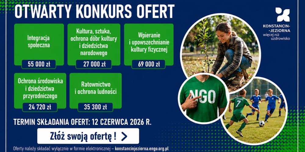 Grafika informująca o otwartym konkursie ofert dla organizacji pozarządowych oraz terminie składania wniosków do 12 czerwca 2026 r.